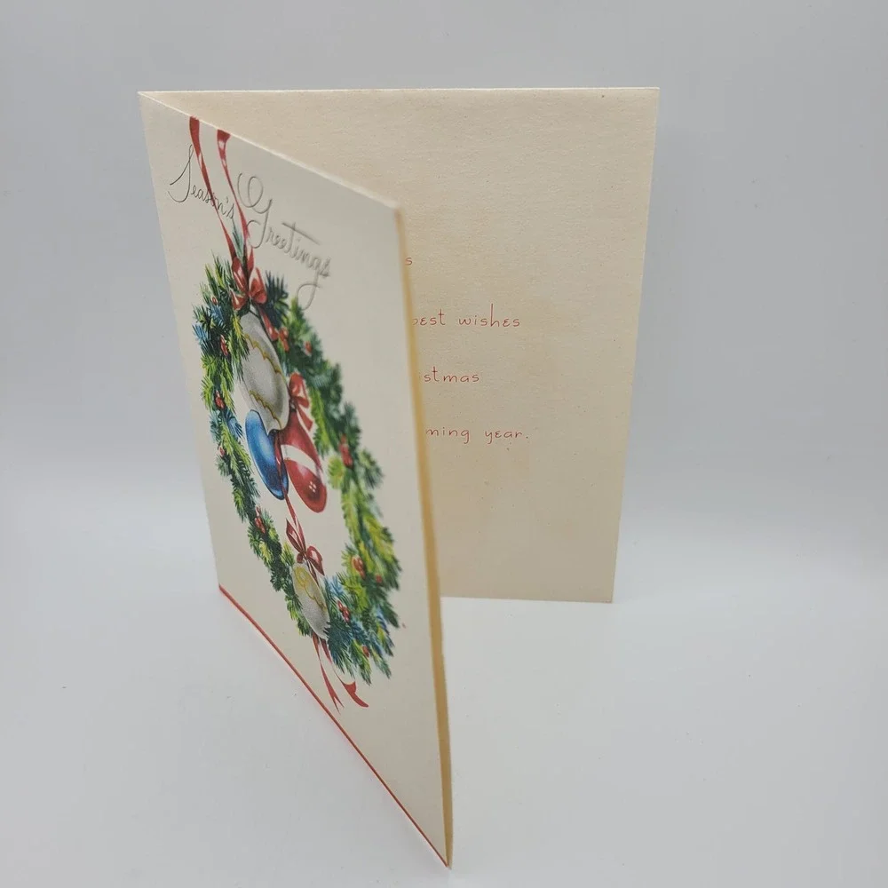 Vintage American Greetings Christmas‎ Card Season's Greetings Ornament Wreath